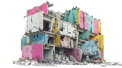 A striking image capturing the chaotic beauty of a modern demolished building, its shattered fragments arranged against a pristine white background, telling a story of urban transformation.
