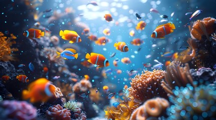 Mesmerizing Underwater Seascape with Vibrant Schools of Colorful Fish and Bioluminescent Creatures Amid Intricate Coral Formations