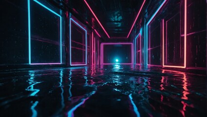 Modern futuristic neon abstract background. Cubic object in the center, oceanic backdrop. Dark scene with neon light. Reflection of light on a wet surface.