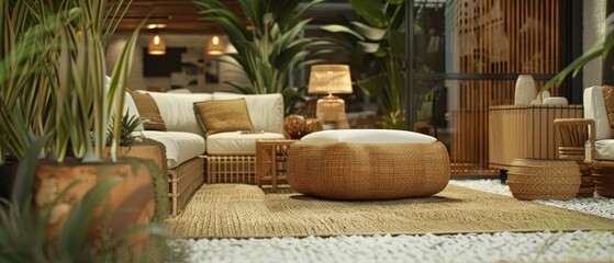 An eco-friendly furniture showroom. Featuring products crafted from bamboo and hemp. The showroom promotes sustainable living and highlights the aesthetic and functional benefits of these materials - obrazy, fototapety, plakaty