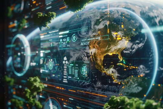 Analyzing environmental data from various global sensors, depicted with dynamic digital interfaces and earth visualizations, showcasing AI's role in global sustainability practices