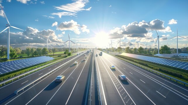 Newly developed highway exclusively for electric vehicles, featuring overhead solar charging panels and wind turbines along the roadside, symbolizing advanced sustainable transport infrastructure