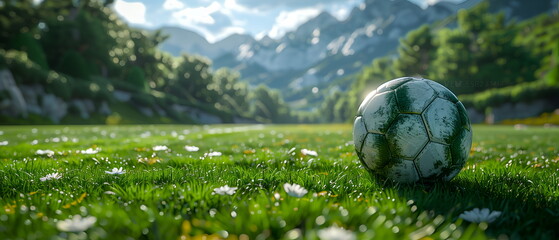 Football ball on grass field under blue sky, football field, soccer sport
