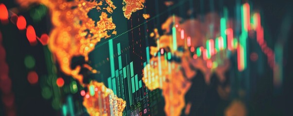 Close-up image of a digital screen stock market chart with cryptocurrency symbols and a hazy globe map in the backdrop. - obrazy, fototapety, plakaty