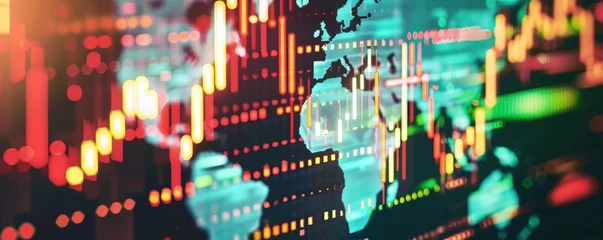 Foto op Plexiglas Close-up image of a digital screen stock market chart with cryptocurrency symbols and a hazy globe map in the backdrop. © MSTSANTA