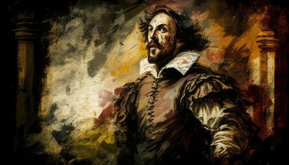 Fototapeta premium The Shakespearean Soliloquy, Amidst the grandeur of a Renaissance-era castle, an actor delivers a stirring Shakespearean soliloquy. Generated AI.