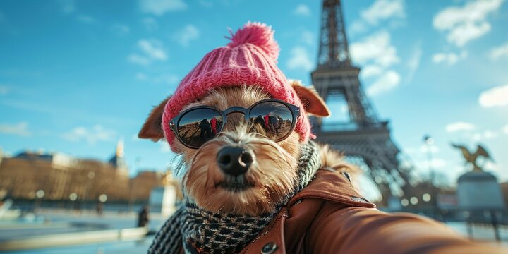 Funny dog in nice design clothes is taking selfie in Paris background Tower Eiffel