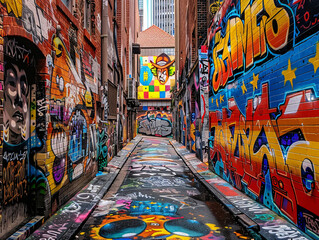 Colorful graffiti art splashes across a worn brick wall in a vibrant city street
