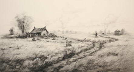 Farm house landscape sketch on white background