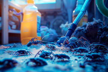 dust mites and cleaning supplies, like a bottle of disinfectant and a vacuum cleaner nozzle