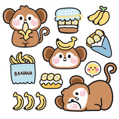 Set of cute monkey various poses in banana concept.Wild animal character cartoon design.Bread,bakery,sweet,dessert,fruit hand drawn collection.Kid graphic.Kawaii.Vector.Illustration. - obrazy, fototapety, plakaty