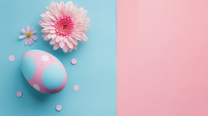 Fototapeta na wymiar Stylish easter egg and flower on pink and blue background flat lay