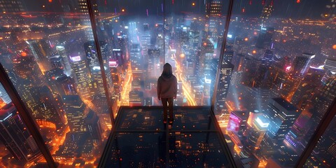 A Lone Figure Gazes Out from a Skyscraper Window,Captivated by the Twinkling City Lights and...