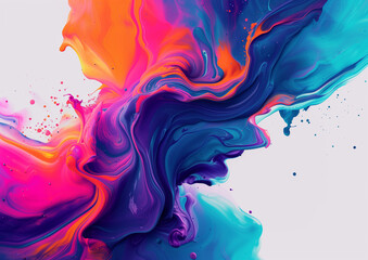 Splash of multi-colored liquid paint on a white background, abstract banner. Spray of rainbow paint...