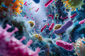 3D illustration of a cell containing colorful marine life like nudibranch and glowing bacterial strands