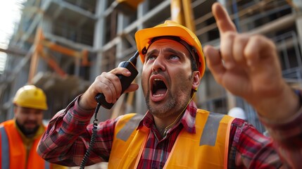 Construction manager barking orders into walkie-talkie, coordinating workers amidst chaos of active building site - obrazy, fototapety, plakaty