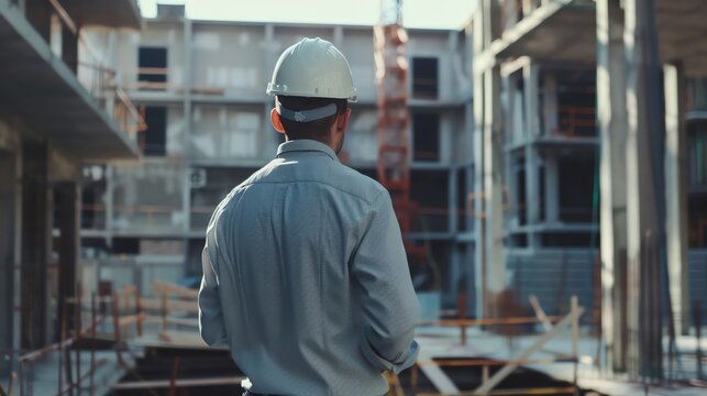 Architect in hardhat surveying active construction site, scrutinizing adherence to plans and progress