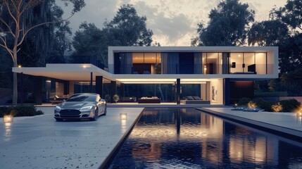 3d modern house concept with car parked outside, in the style of thÃ©odore chassÃ©riau, strong lines, orthogonal, dark white and indigo, eye-catching, charly amani, subtle chromatism 