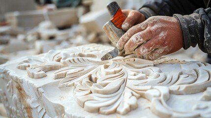 Skilled stonemason chiseling decorative pattern into limestone block with deft, controlled strokes - obrazy, fototapety, plakaty