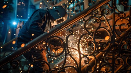 Showers of sparks cascading as welder deftly fabricates an ornate stair railing, fusing together intricate twisted wrought iron balusters with practiced skill. - obrazy, fototapety, plakaty