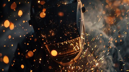 Welder's visor down, sparks flying as metal pieces fuse together in blinding arc