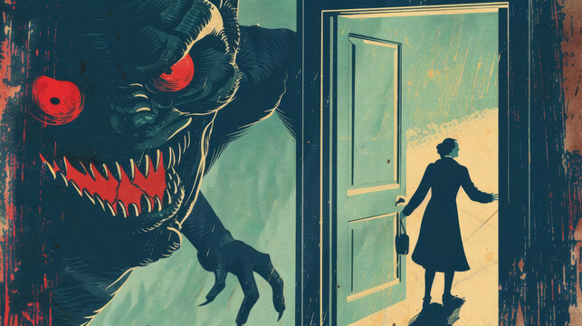 Sinister Creature Stalking Woman Artwork - Powered by Adobe