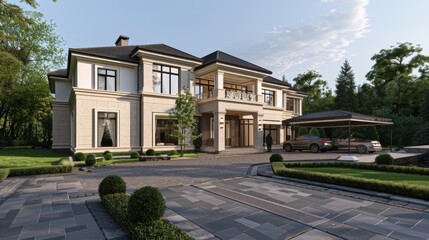 Photorealistic modern luxury house with two floors, primary color of the house is cream and white with trims of deep brown, the house has large windows,  - obrazy, fototapety, plakaty