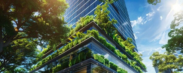 Eco friendly modern office building with green, real trees cutting carbon dioxide levels to protect the environment - obrazy, fototapety, plakaty