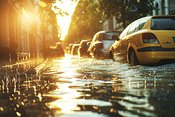 Flooding in the city after the hurricane, cars and streets in water