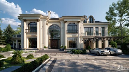 Fototapeta premium Photorealistic modern luxury house with two floors, primary color of the house is cream and white with trims of deep brown, the house has large windows, 