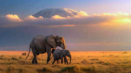 (Correct one) elephant kilimanjaro backdrop, wildlife safari photo, african elephant calf, sunset nature scene, tanzania wildlife, kilimanjaro sunset, majestic elephant photography, animal family bond