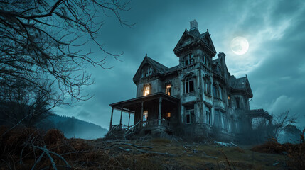 Gloomy Haunted Mansion with Dramatic Moonlight Scene