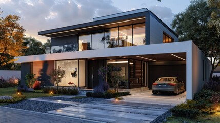 3d modern house concept with car parked outside, in the style of thÃ©odore chassÃ©riau, strong lines, orthogonal, dark white and indigo, eye-catching, charly amani, subtle chromatism 