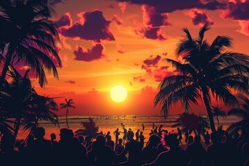 Silhouettes sway in a vibrant sunset at a tropical beach dance party, epitomizing summer joy.