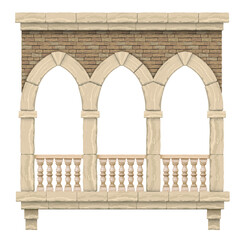Gothic colonnade balcony facade with stone arches
