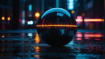 Modern futuristic neon abstract background. Spherical object in the center, urban landscape background. Dark scene with neon light. Reflection of light on a wet surface. - obrazy, fototapety, plakaty