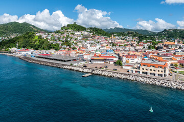 St George's Grenada harbor and cityscape.