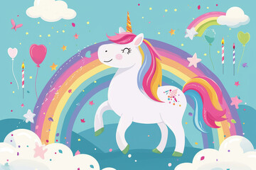 Colorful Unicorn and Rainbow Birthday Illustration