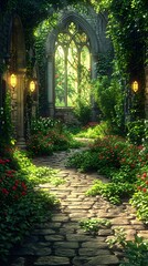 Secluded Cloister Garden with Untamed Medicinal Herbs in Enchanting Overgrown Archway Landscape