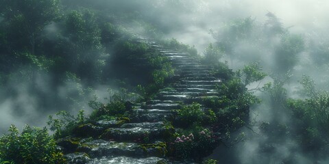 Fog-Shrouded Forest Path Leading to a Forgotten Shrine Swallowed by Wilderness - obrazy, fototapety, plakaty