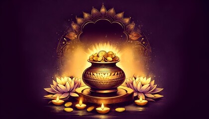 Watercolor illustration for akshaya tritiya with a pot with gold coins and decoration.