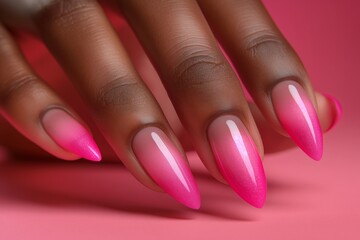 Delicate pink stiletto nails with a glossy finish, emanating feminine charm and subtle elegance - obrazy, fototapety, plakaty