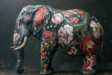 Obraz premium A collage of an elephant with a floral pattern painted on its skin.