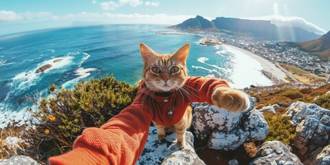 A funny cat in nice design clothes and glasses takes a selfie. The concept of travel