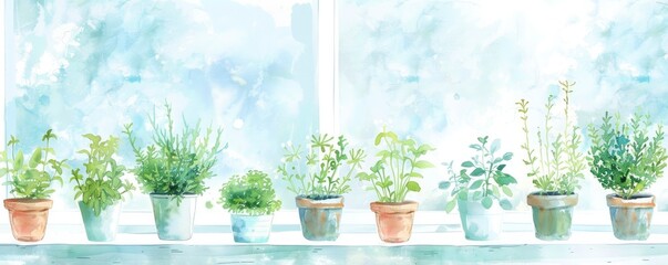 watercolor-style children's book picture of herbs in pots on a windowsill with a gentle mist and light green and sky blue hues.