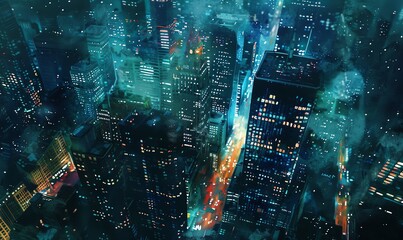 Capture a vibrant city skyline from a worms-eye view using watercolor Show towering skyscrapers in rich blues and greens, with shimmering lights reflecting the bustling city life