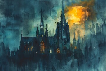 Gothic cathedral , A gothic cathedral at night, moonlight casting sharp shadows