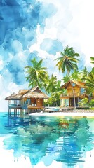 Island resort , Luxury island resort with bungalows over water, serene blue sky