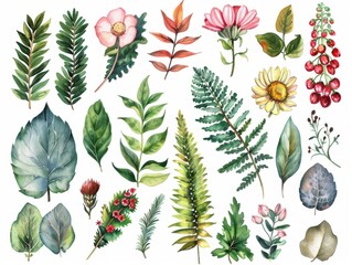 A collection of various types of leaves and flowers, including a daisy, a cherry blossom, and a fern