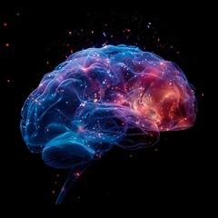 A brain with a galaxy of stars surrounding it. The brain is blue and red. The stars are scattered around the brain, some are closer to the center and others are farther away